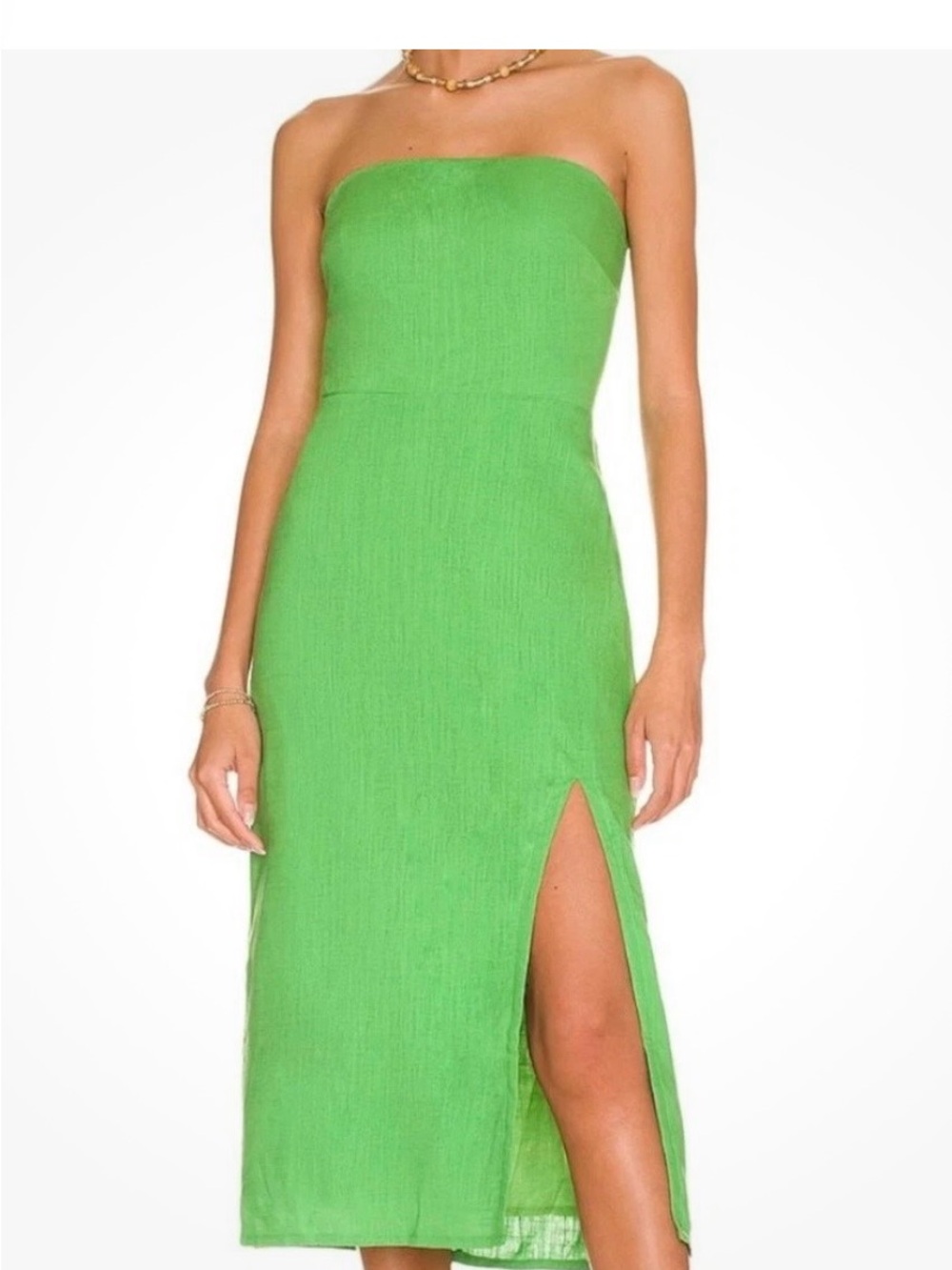 SNDYS Strapless Green Midi Dress with Side Slit
